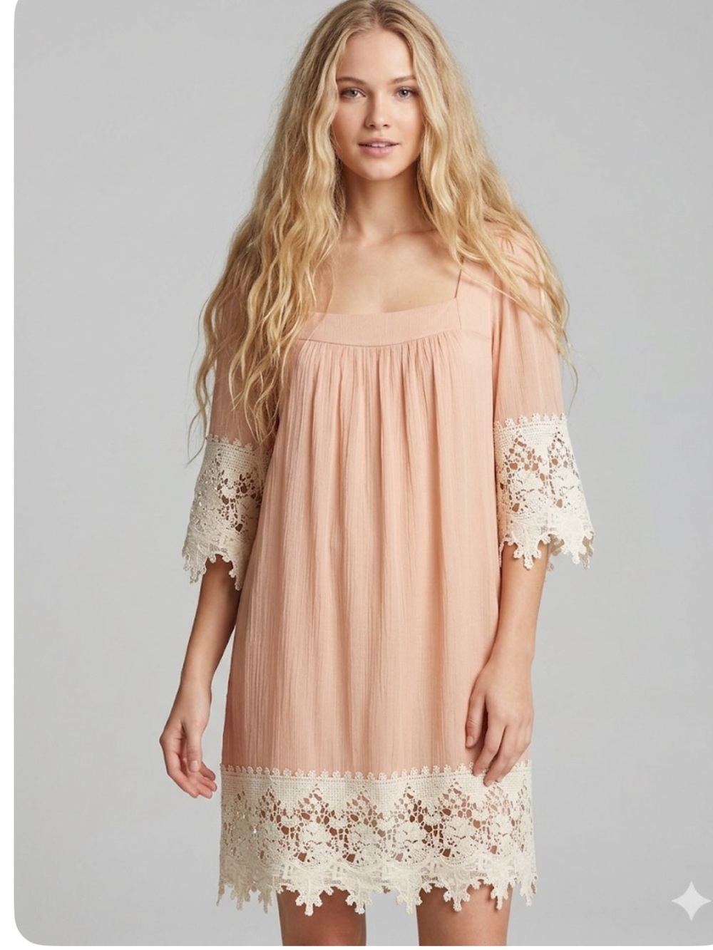 Umgee Square Neck Boho Gauzy Sheer Crochet Trim Sleeves and Hem Medium